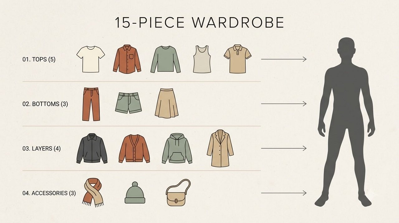 Infographic showing a 15-piece travel capsule wardrobe with 5 tops, 3 bottoms, 4 layers, and 3 accessories