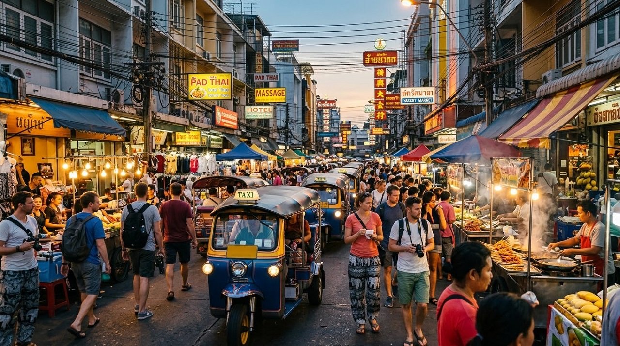 Crowded Bangkok market street, a high-risk area for tourist scams and pickpocketing