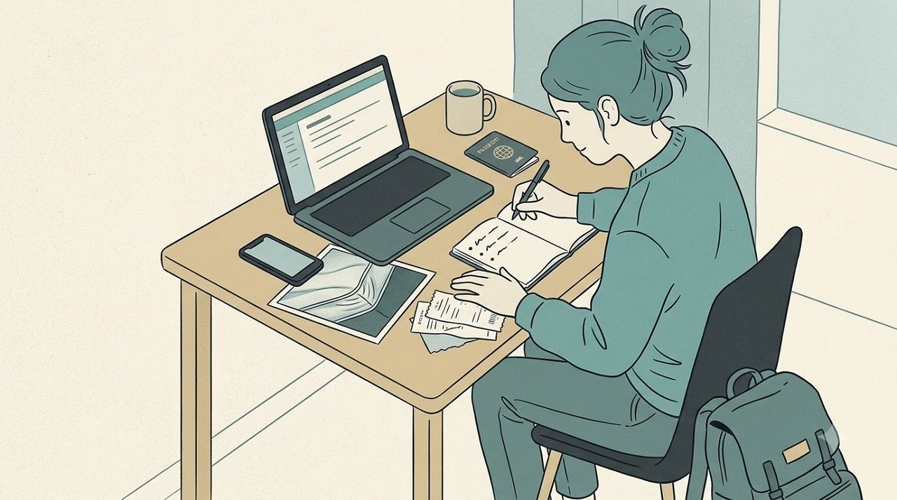 Editorial illustration of a traveller documenting a hotel bed bug complaint with photos, notes, and receipts