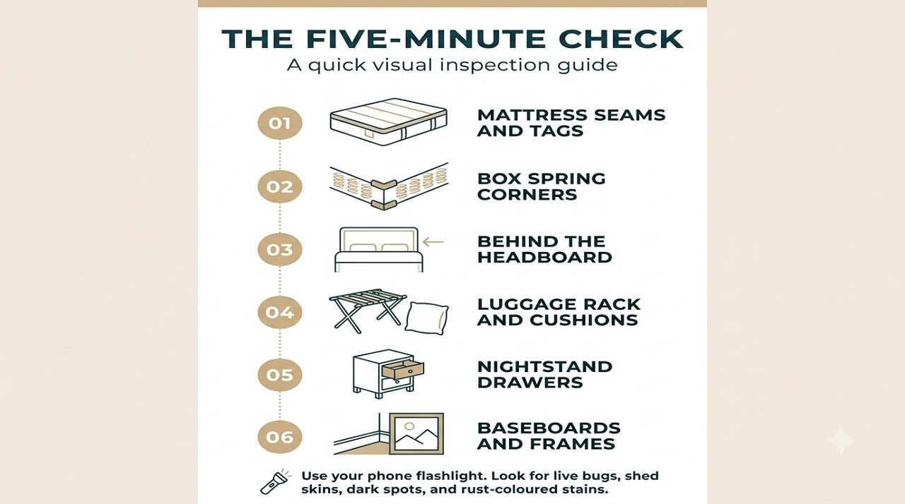 Infographic showing a six-step hotel room bed bug inspection sequence from mattress seams to baseboards