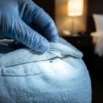 Close-up of a gloved hand pulling back a hotel mattress seam with a phone flashlight, checking for bed bugs