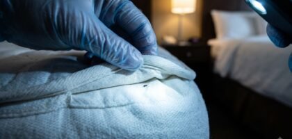 Close-up of a gloved hand pulling back a hotel mattress seam with a phone flashlight, checking for bed bugs