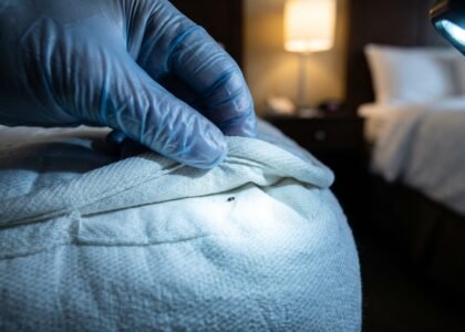 Close-up of a gloved hand pulling back a hotel mattress seam with a phone flashlight, checking for bed bugs