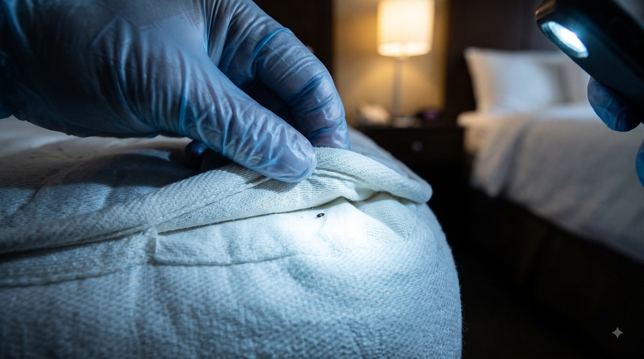 Close-up of a gloved hand pulling back a hotel mattress seam with a phone flashlight, checking for bed bugs