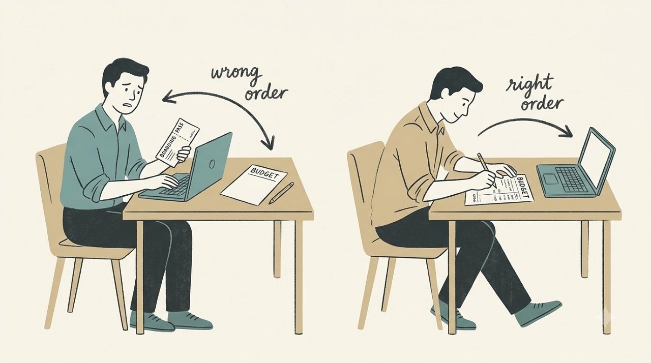 Editorial illustration comparing booking a flight before budgeting against setting the budget first