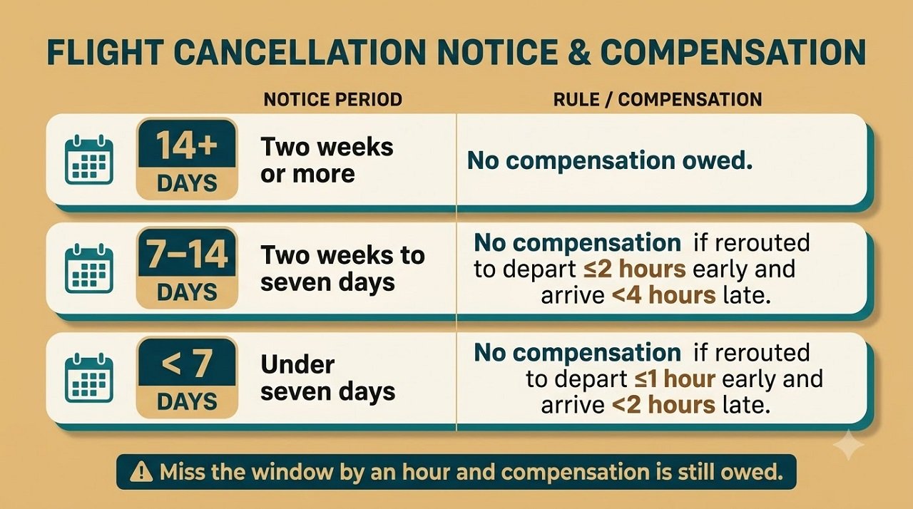 Infographic showing the three cancellation notice periods and rerouting thresholds that determine whether compensation is owed