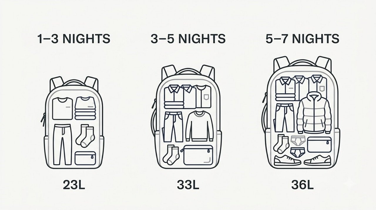 Infographic showing carry-on bag volume recommendations for 1–3, 3–5, and 5–7 night trips