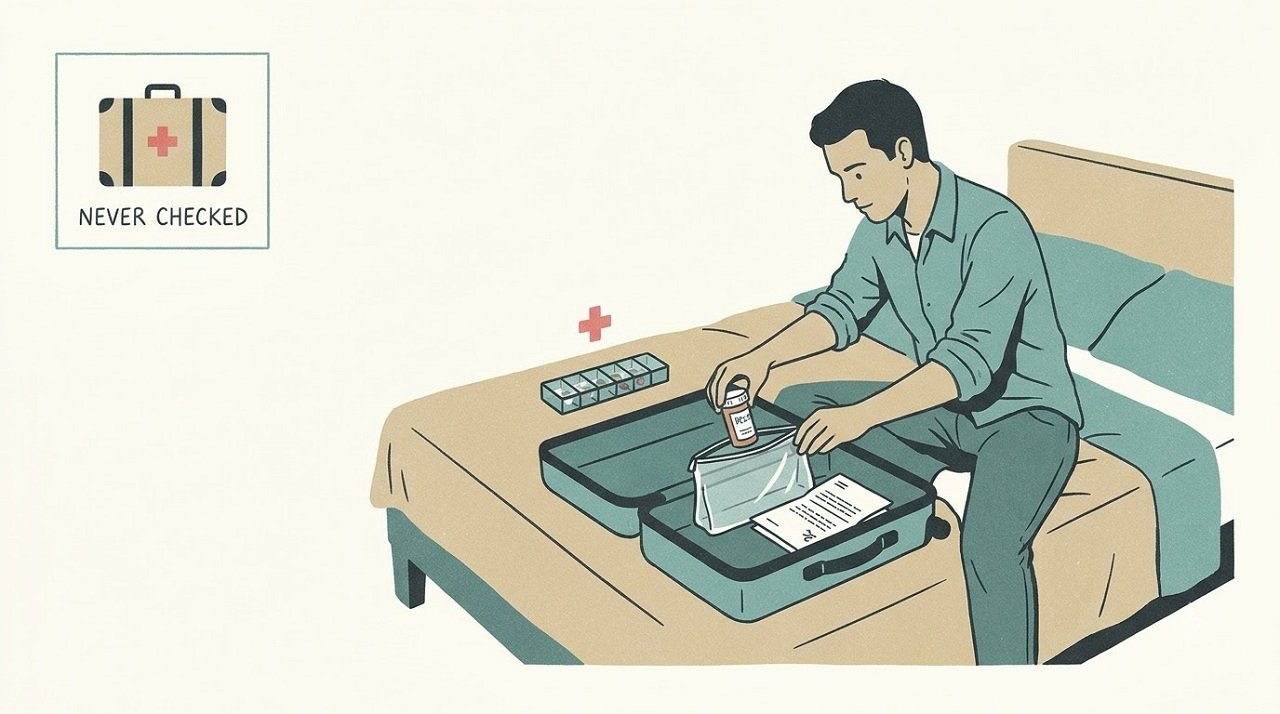 Editorial illustration of a traveller packing labelled prescription bottles in a carry-on pouch instead of a pill organiser
