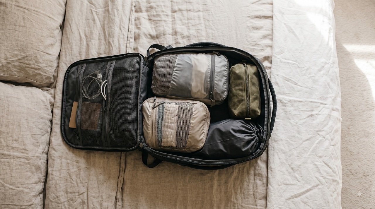 Open carry-on backpack with compression cubes and a one-week minimalist packing list