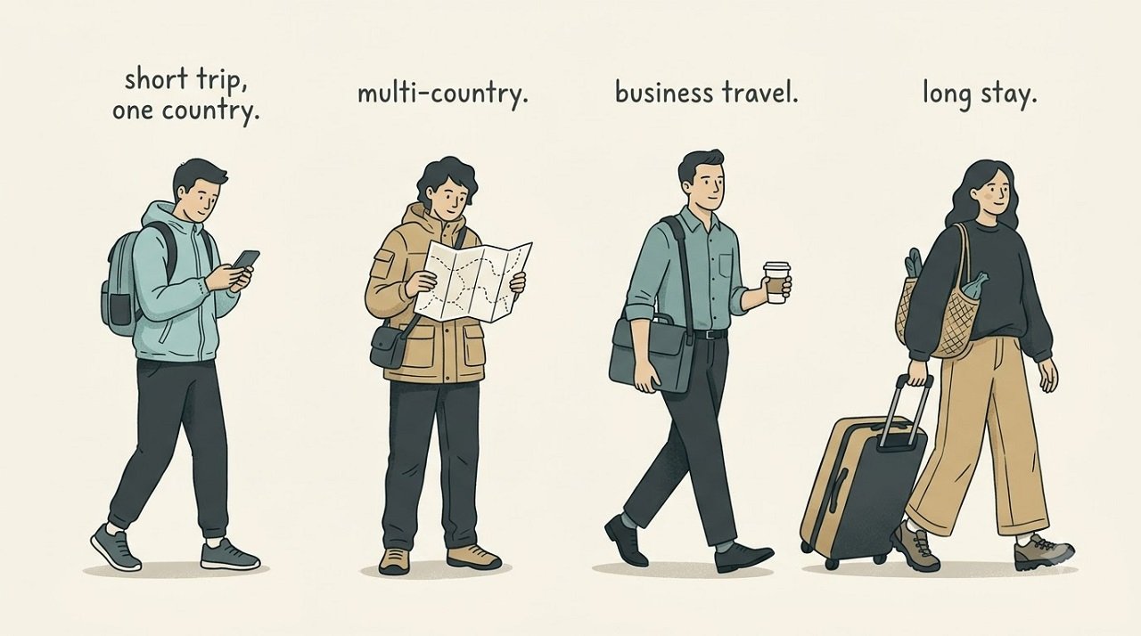 Editorial illustration of four types of traveller choosing different phone connectivity options for their trips