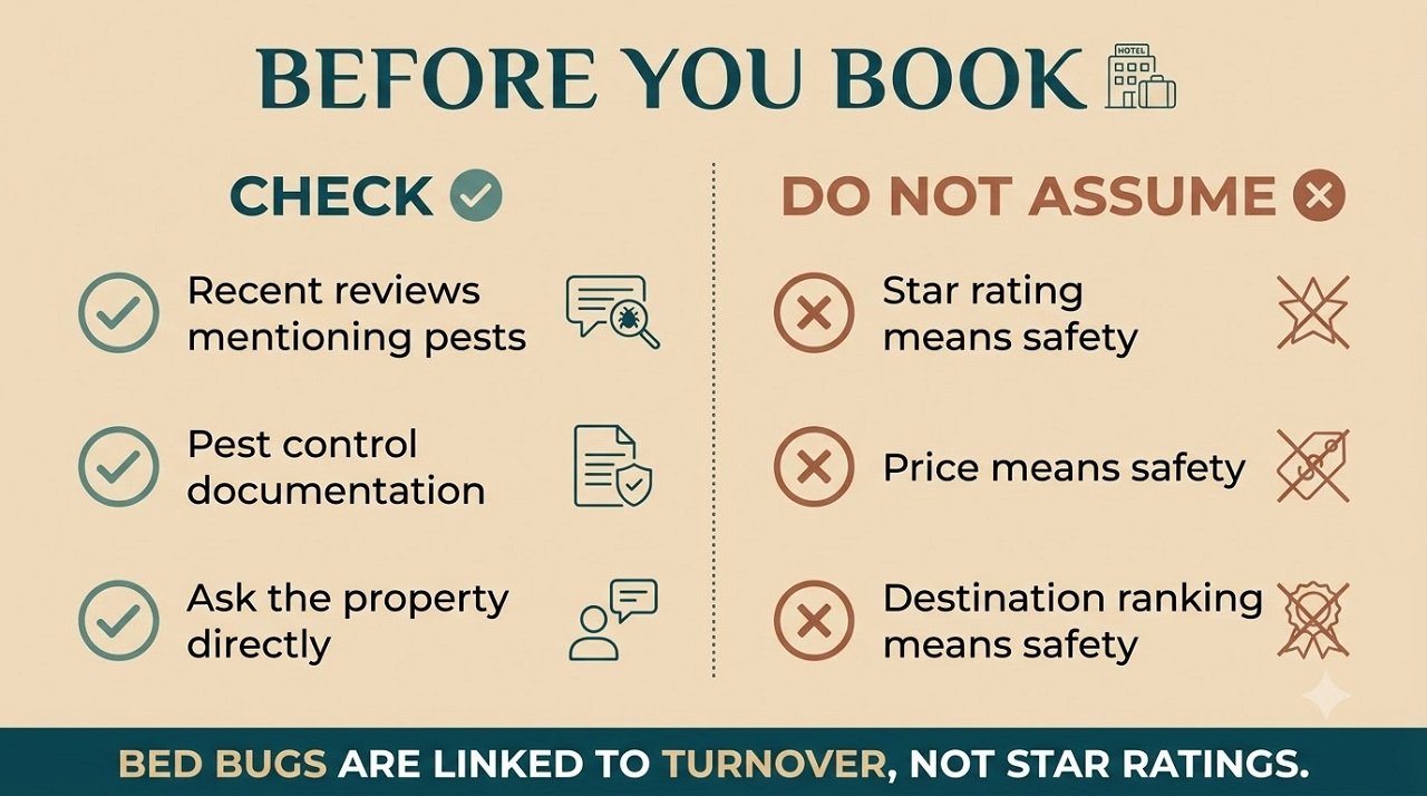 Infographic showing what to check before booking a hotel to reduce bed bug risk