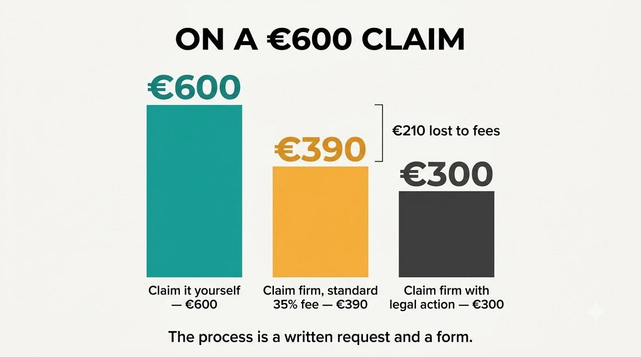 Infographic comparing what a passenger keeps from a 600 euro claim when filing themselves versus using a claims firm