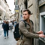 Traveler using an ATM cautiously while traveling abroad, aware of common travel scams