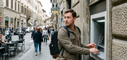 Traveler using an ATM cautiously while traveling abroad, aware of common travel scams