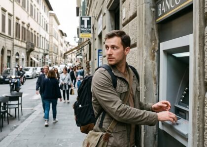 Traveler using an ATM cautiously while traveling abroad, aware of common travel scams