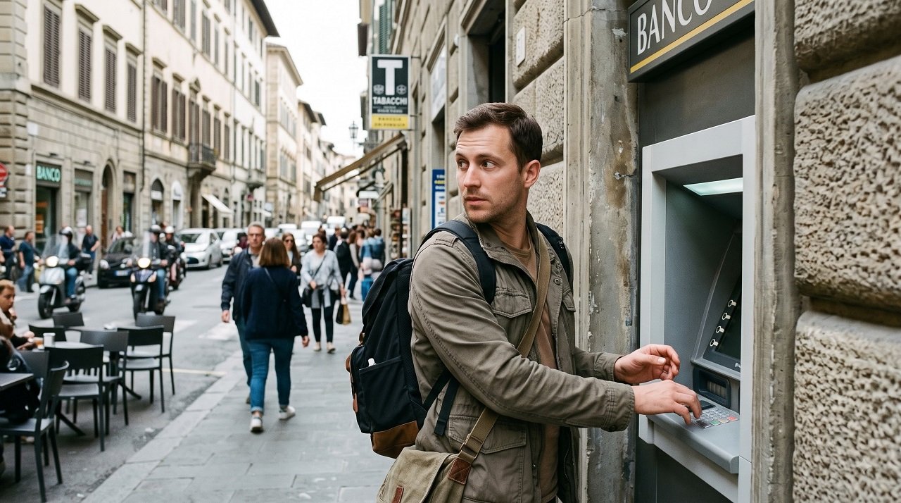 Traveler using an ATM cautiously while traveling abroad, aware of common travel scams