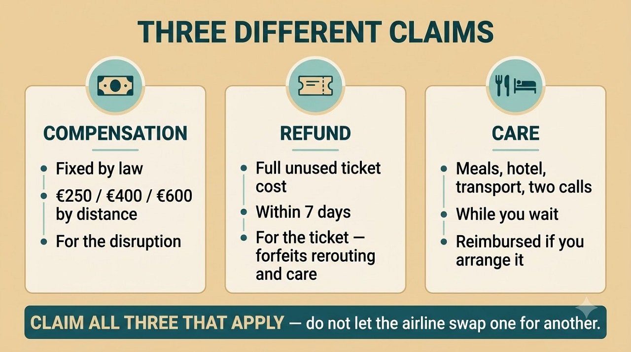 Infographic separating flight compensation, refund, and care as three distinct entitlements passengers can claim