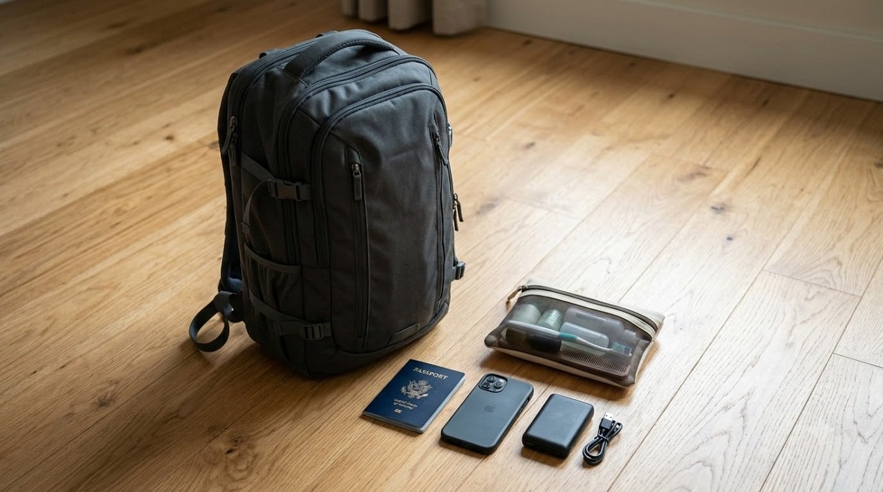 Fully packed one-week carry-on backpack with passport, phone, power bank, and toiletries