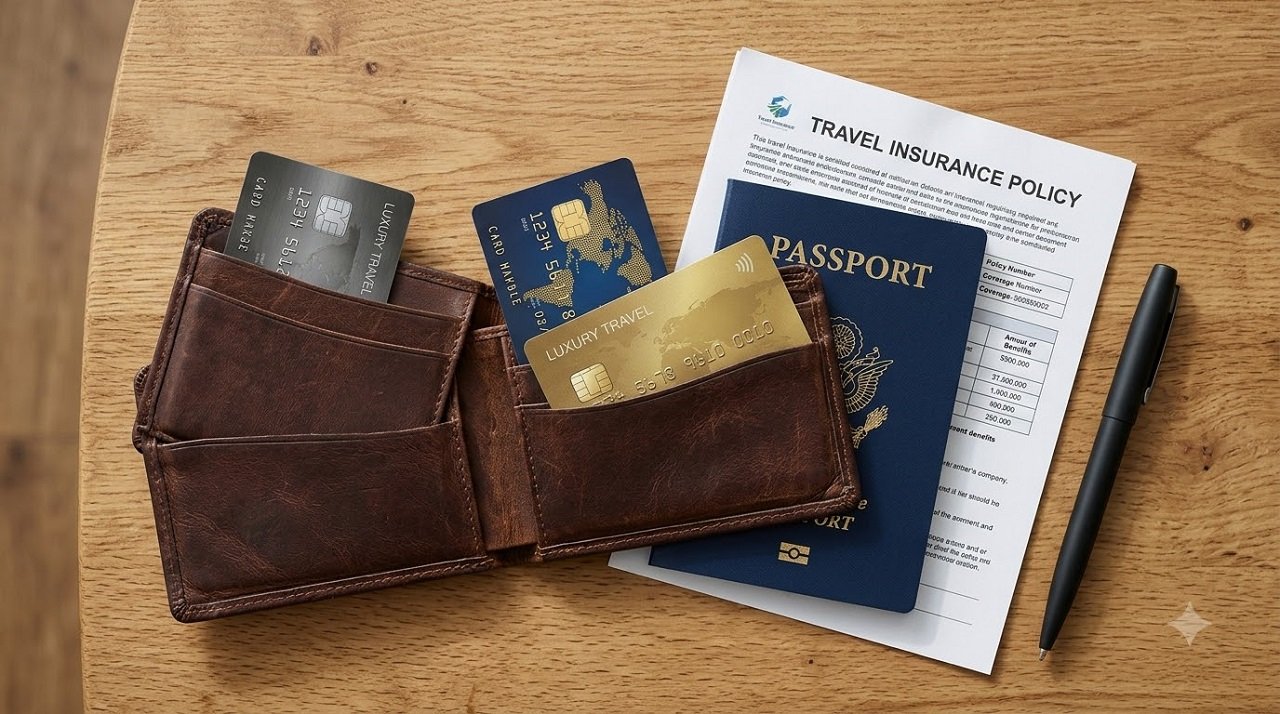 Premium travel credit cards next to a standalone travel insurance policy document