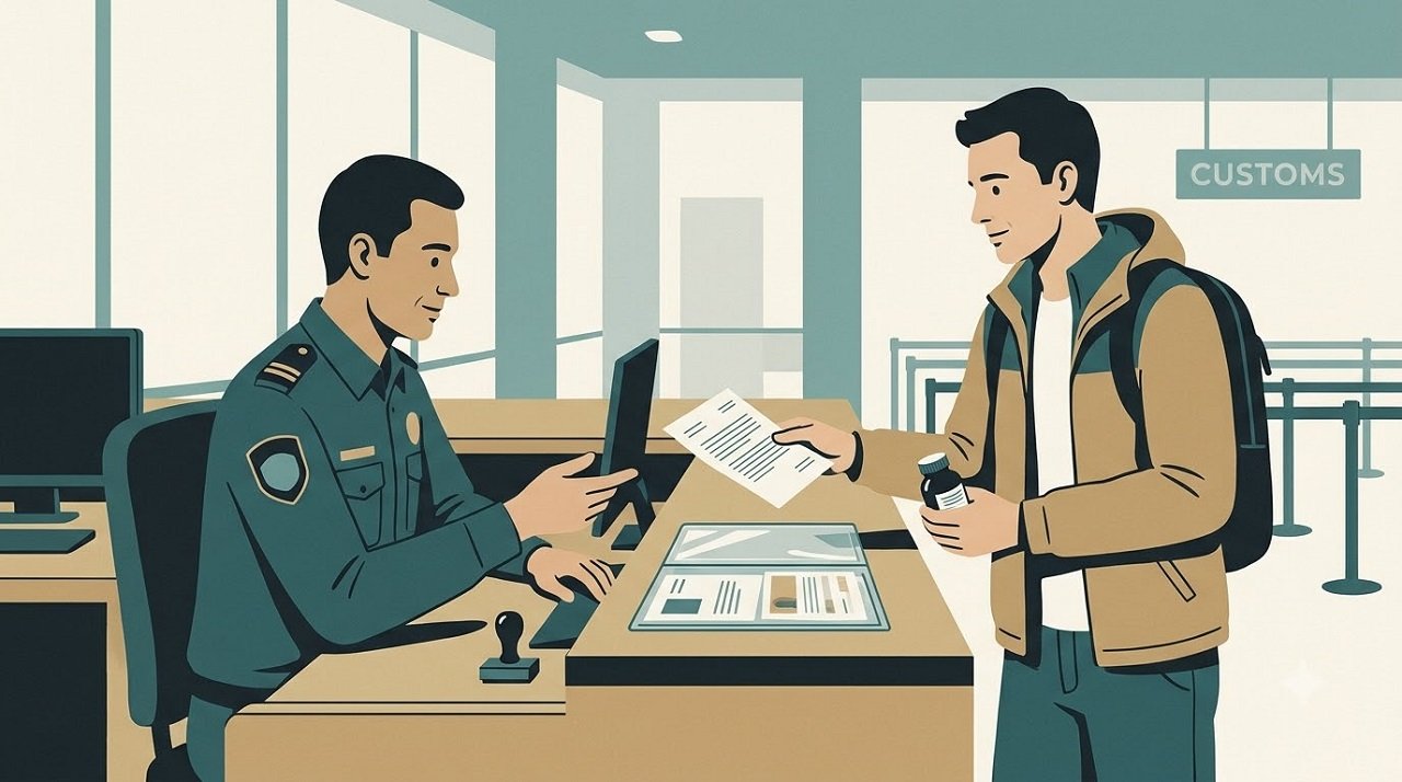 Editorial illustration of a traveller declaring prescription medication and presenting documents at a customs desk