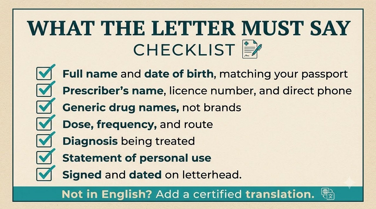 Infographic checklist of the seven elements a doctor's letter must contain for travelling with medication