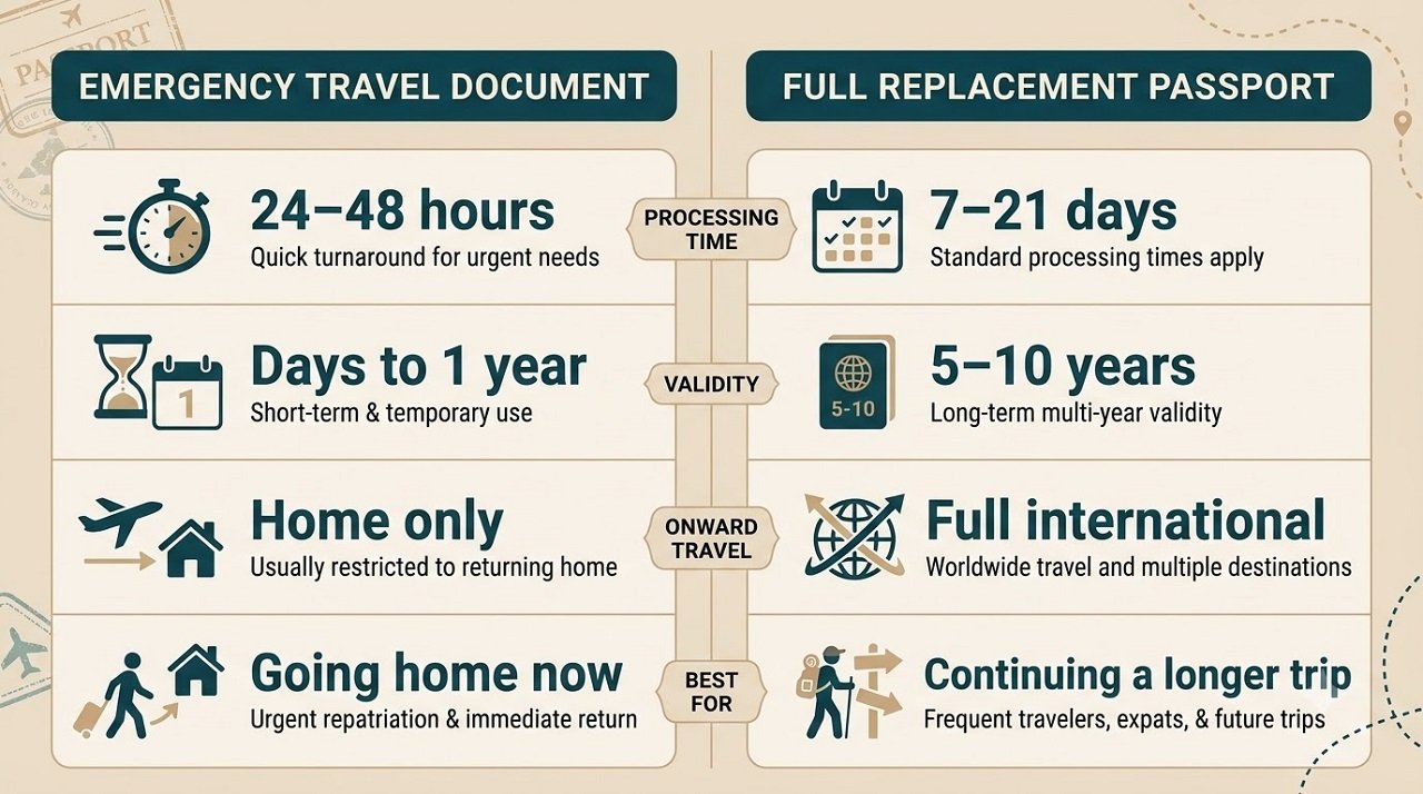 Infographic comparing an emergency travel document with a full replacement passport on processing time, validity, and onward travel