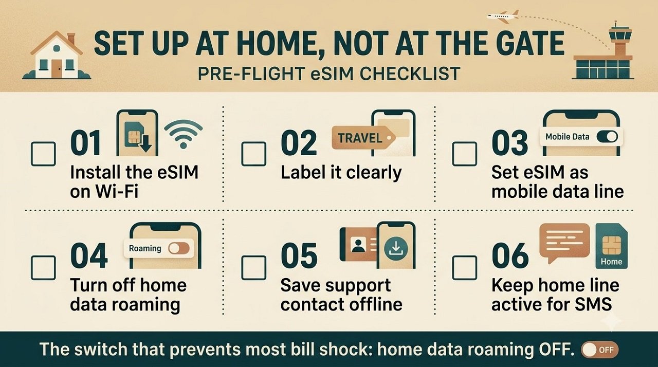 Infographic checklist for setting up a travel eSIM before departure, including turning off home data roaming
