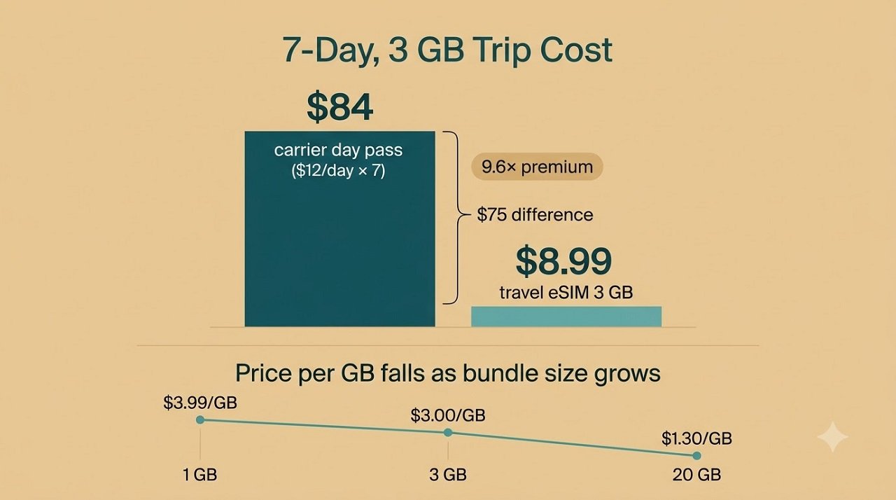 Infographic comparing the cost of a carrier day pass against a travel eSIM for a seven-day, three-gigabyte trip