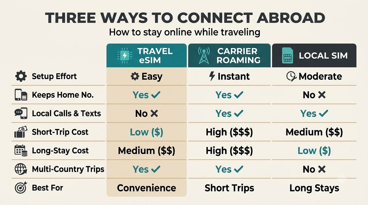 Infographic comparing travel eSIM, carrier roaming, and local SIM across setup, cost, and coverage for trips abroad