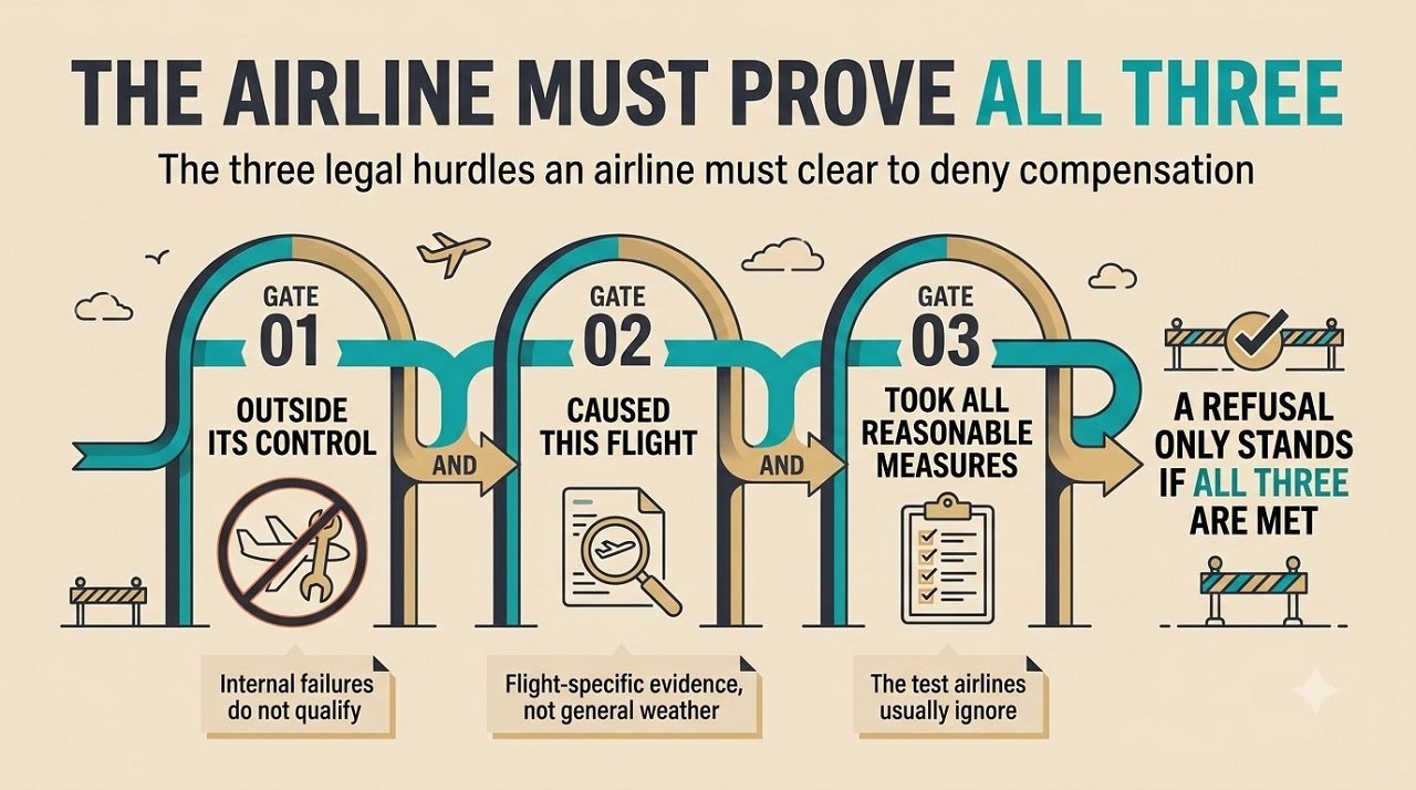 Infographic showing the three cumulative tests an airline must prove to refuse compensation for extraordinary circumstances