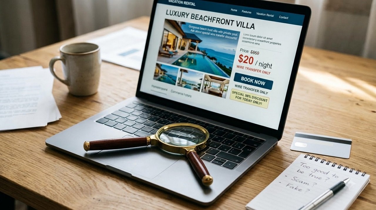 Laptop showing a vacation rental listing being checked for signs of a travel scam