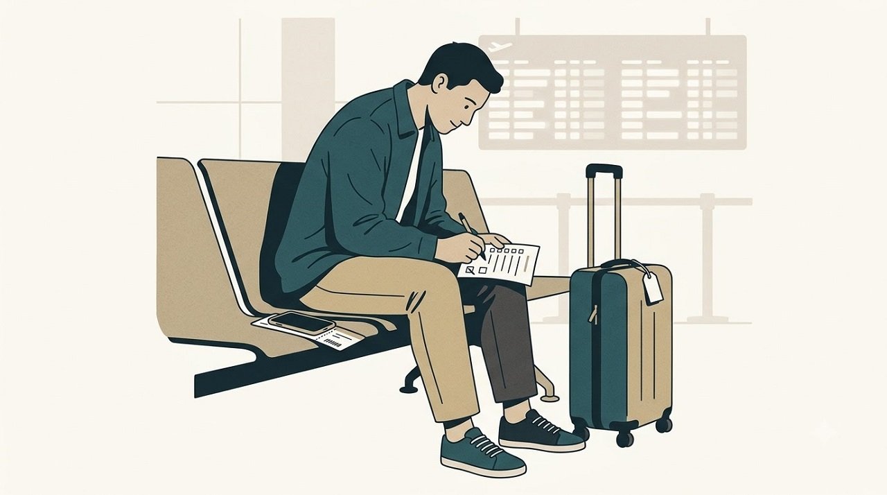 Editorial illustration of a traveller working through a flight compensation checklist on an airport bench