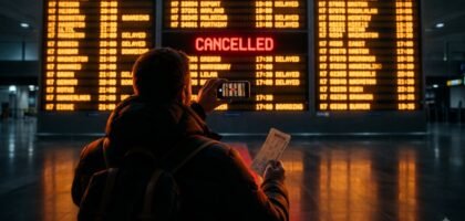 Traveller photographing a cancelled flight on an airport departure board at night