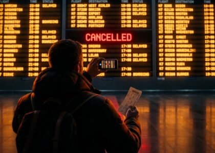 Traveller photographing a cancelled flight on an airport departure board at night