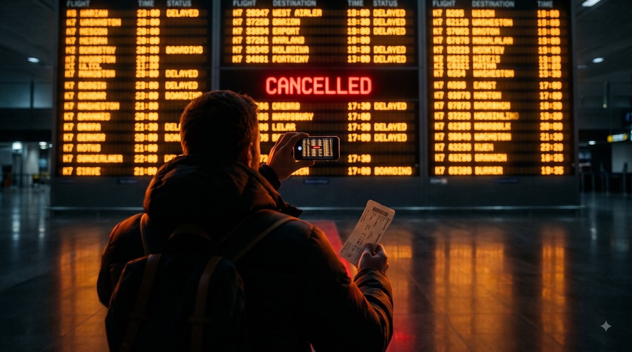 Traveller photographing a cancelled flight on an airport departure board at night