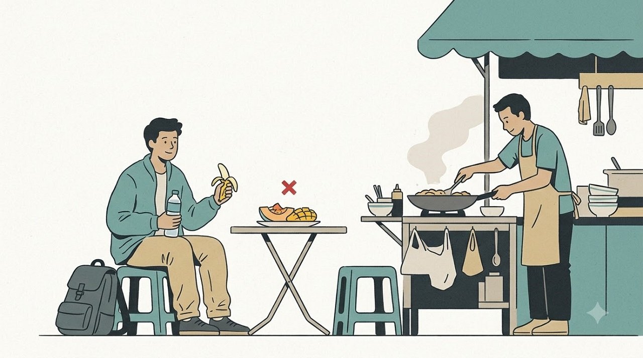 Editorial illustration of a traveller choosing sealed water and self-peeled fruit over pre-cut fruit at a street food stall