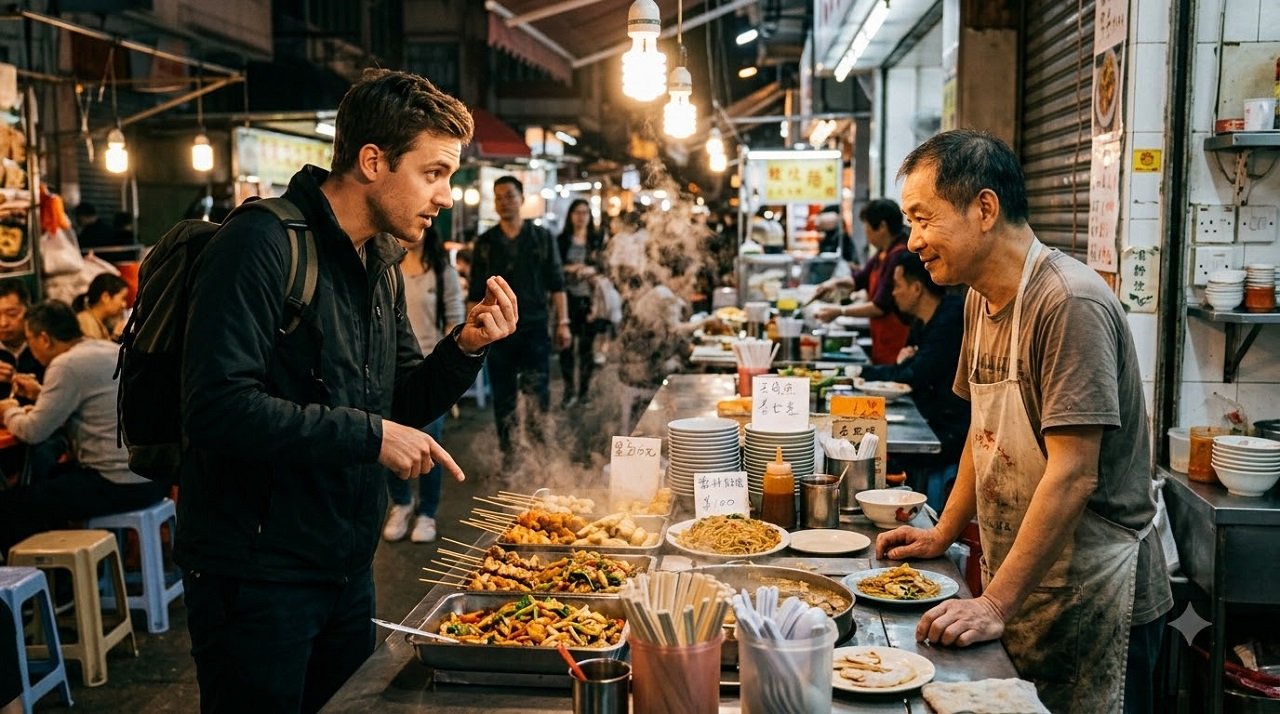 Traveler using hand gestures to communicate with a local vendor about price