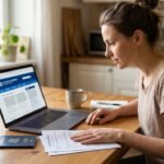 Traveler checking a government travel advisory online before booking a trip, with a passport and insurance policy on the table