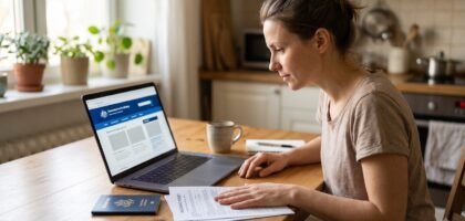 Traveler checking a government travel advisory online before booking a trip, with a passport and insurance policy on the table