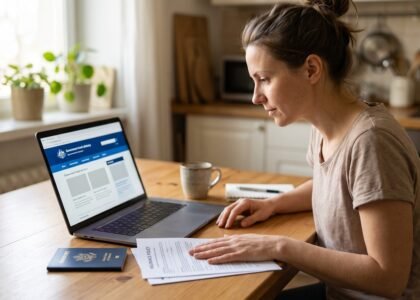 Traveler checking a government travel advisory online before booking a trip, with a passport and insurance policy on the table