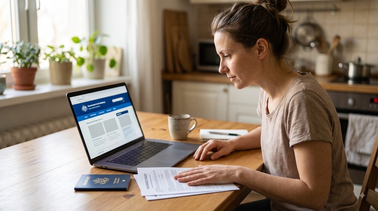 Traveler checking a government travel advisory online before booking a trip, with a passport and insurance policy on the table