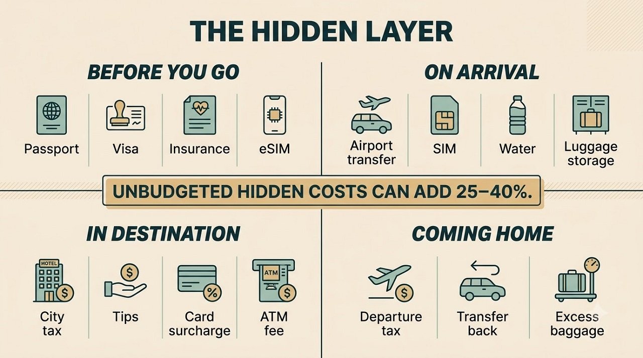 Infographic itemising hidden travel costs before departure, on arrival, in destination, and on return