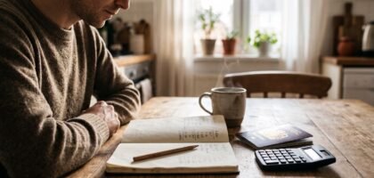 Traveller writing a seven-line trip budget in a notebook with a passport and calculator on the table