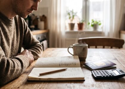 Traveller writing a seven-line trip budget in a notebook with a passport and calculator on the table