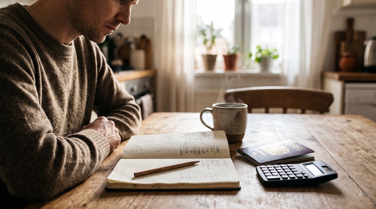 Traveller writing a seven-line trip budget in a notebook with a passport and calculator on the table
