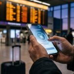 Traveller activating an eSIM on a phone in front of an airport departure board before flying