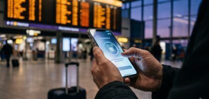 Traveller activating an eSIM on a phone in front of an airport departure board before flying