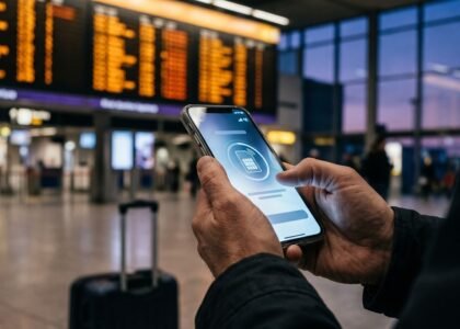 Traveller activating an eSIM on a phone in front of an airport departure board before flying