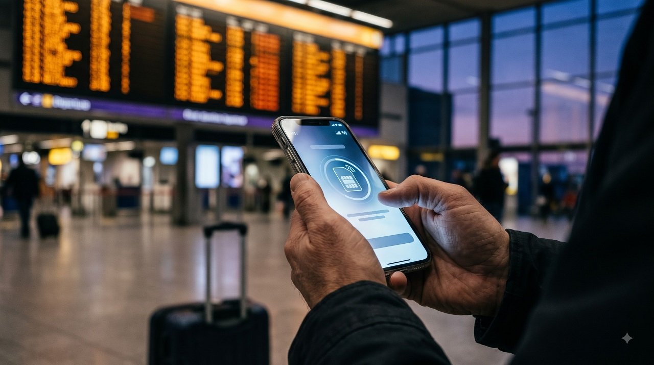 Traveller activating an eSIM on a phone in front of an airport departure board before flying