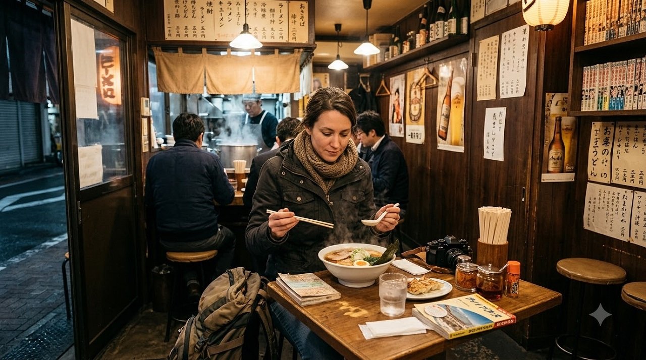 Traveler eating affordable ramen at a local shop in Japan, a money-saving dining option